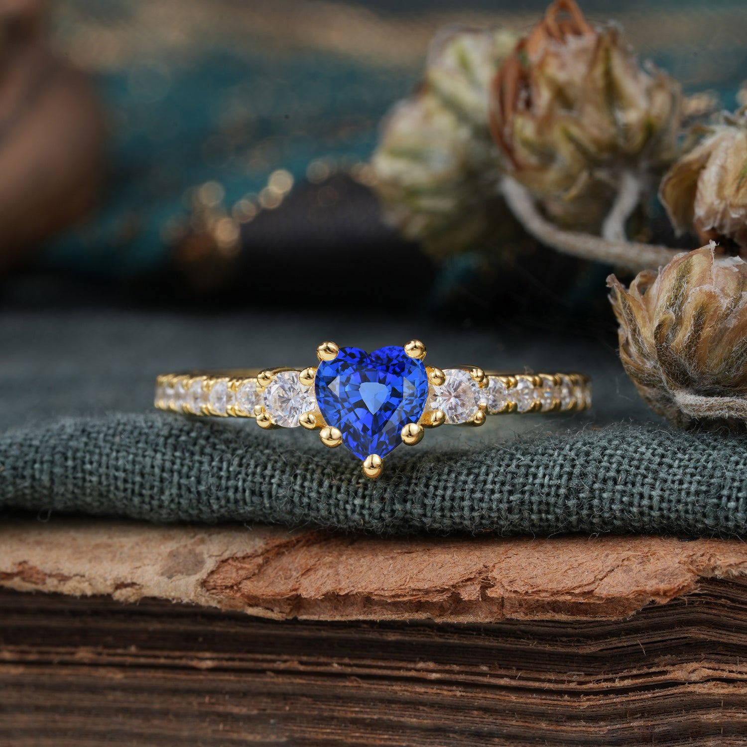 3 Prong Heart Shaped Sapphire Classic Side Stone Engagement Ring