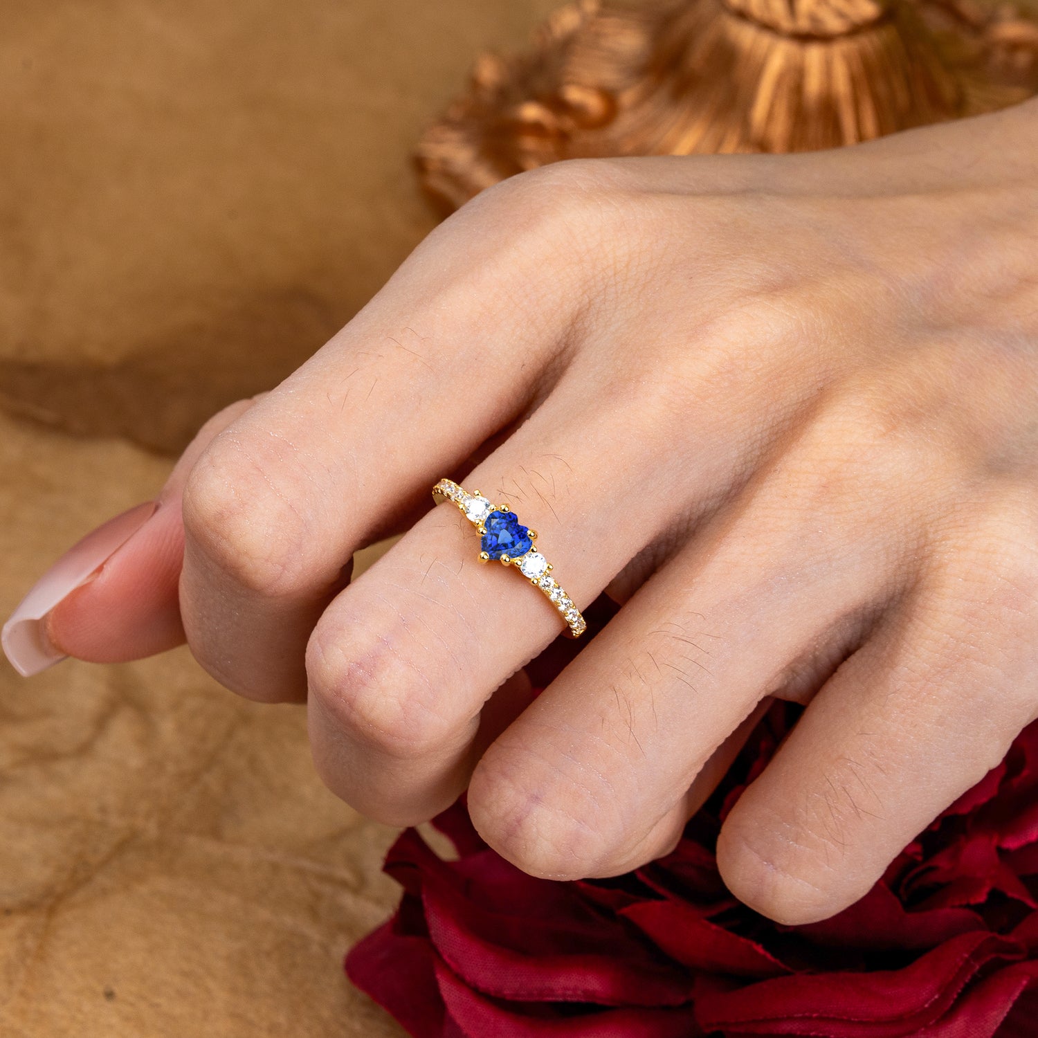 3 Prong Heart Shaped Sapphire Classic Side Stone Engagement Ring