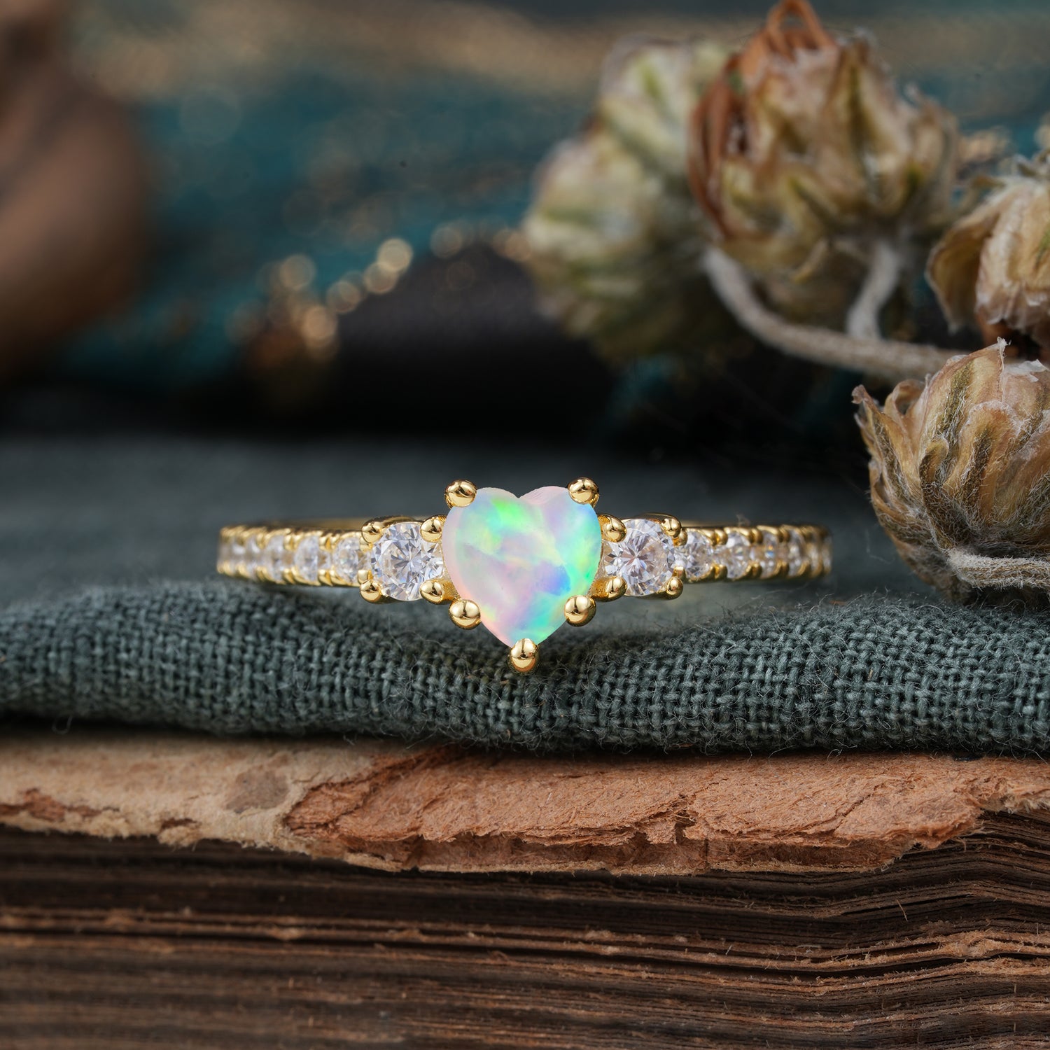 3 Prong Heart Shaped Opal Classic Side Stone Engagement Ring