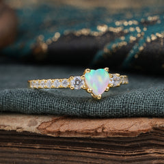 3 Prong Heart Shaped Opal Promise Ring Unique Three Stone Engagement Ring