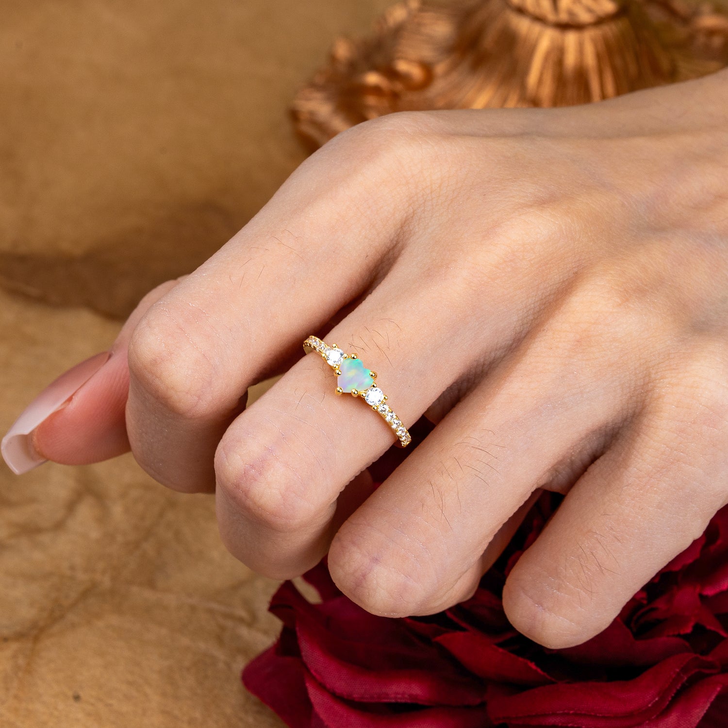 3 Prong Heart Shaped Opal Classic Side Stone Engagement Ring