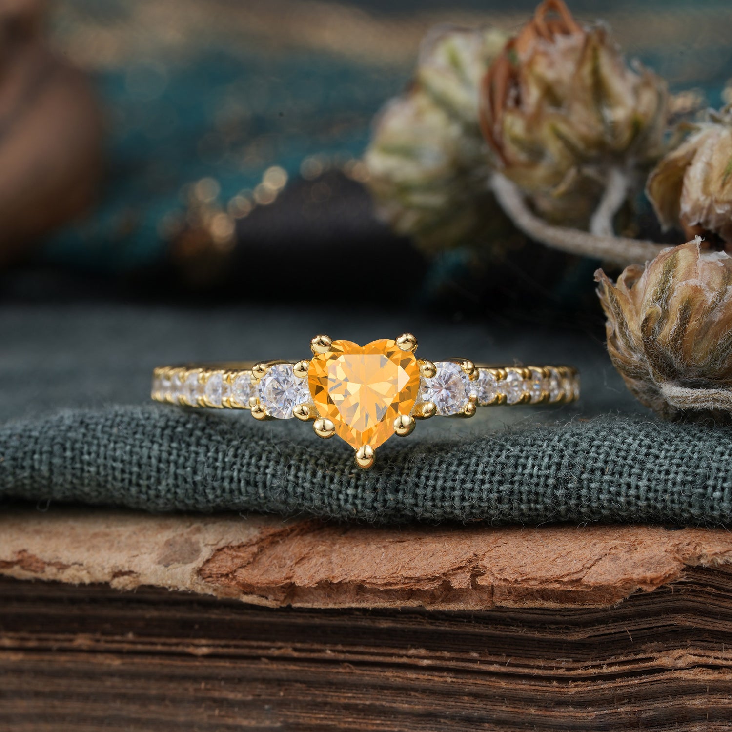 3 Prong Heart Shaped Citrine Classic Side Stone Engagement Ring