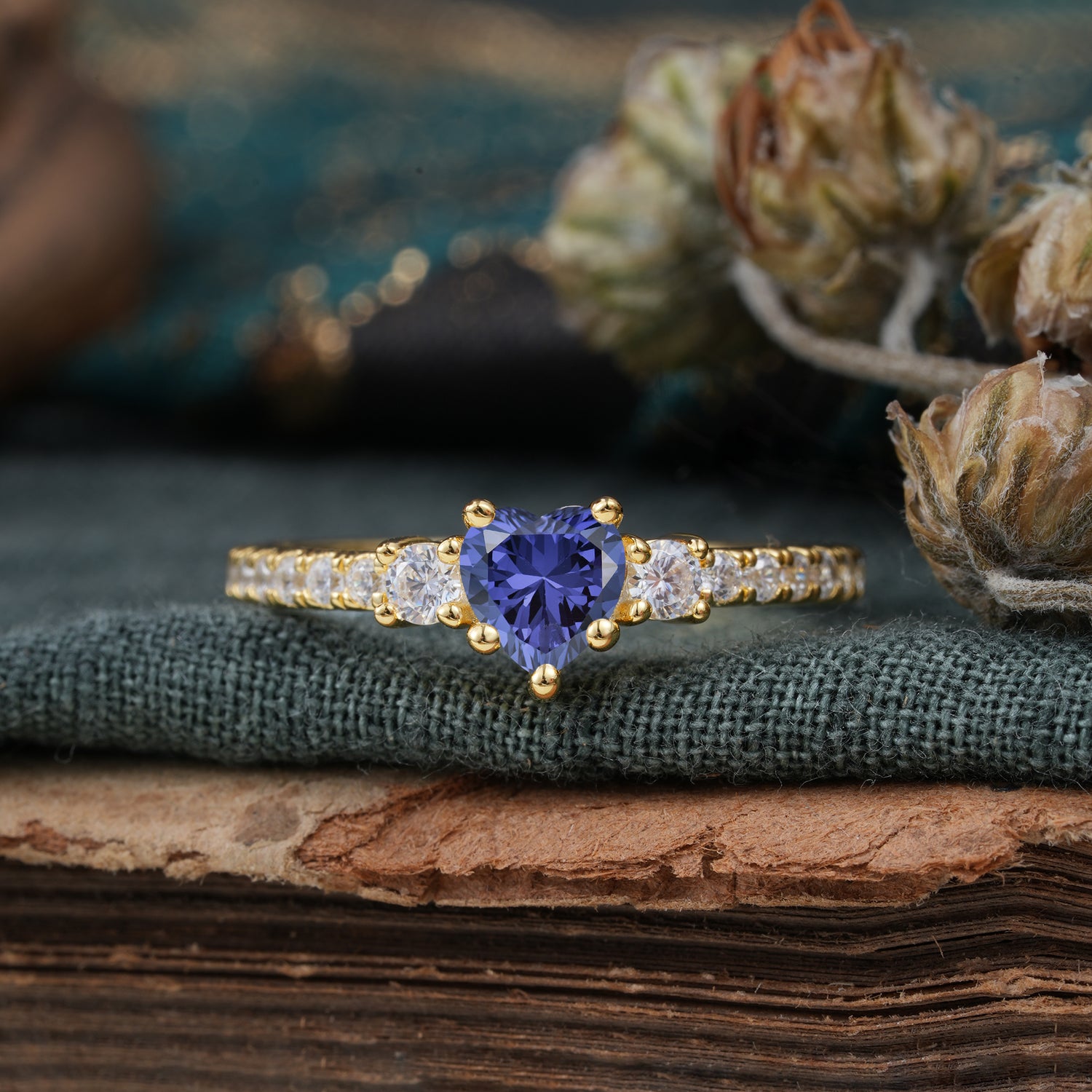 3 Prong Heart Shaped Tanzanite Unique Side Stone Engagement Ring