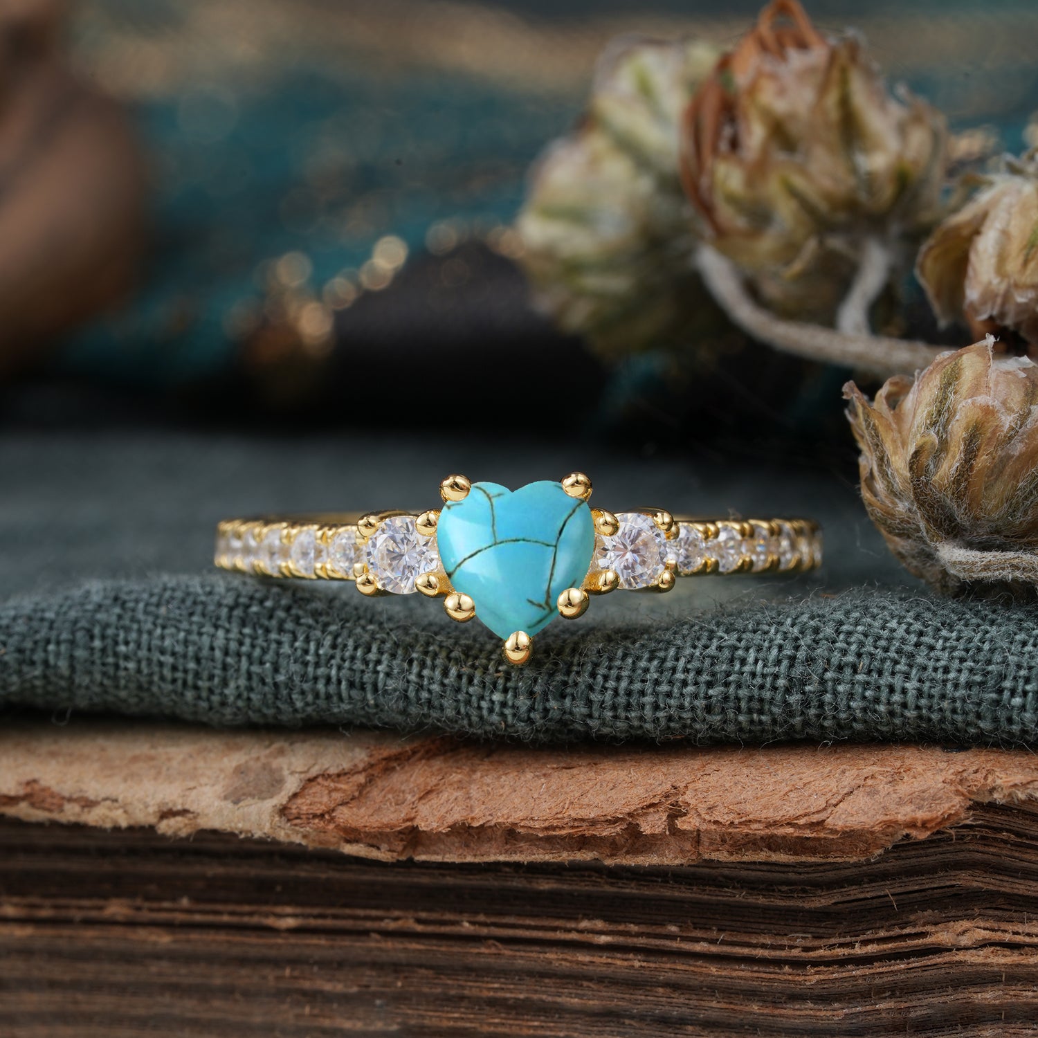 3 Prong Heart Shaped Turquoise Classic Side Stone Engagement Ring