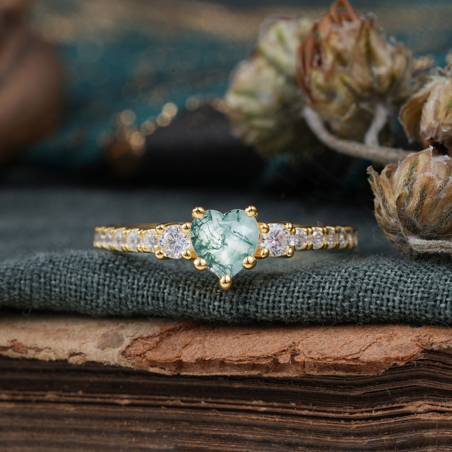 3 Prong Heart Shaped Moss Agate Classic Side Stone Engagement Ring