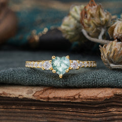 Heart Shaped Moss Agate Promise Ring Unique Three Stone Engagement Ring