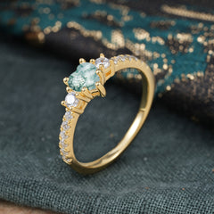 Heart Shaped Moss Agate Promise Ring Unique Three Stone Engagement Ring