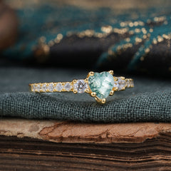 Heart Shaped Moss Agate Promise Ring Unique Three Stone Engagement Ring