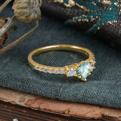 Heart Shaped Moss Agate Promise Ring Unique Three Stone Engagement Ring