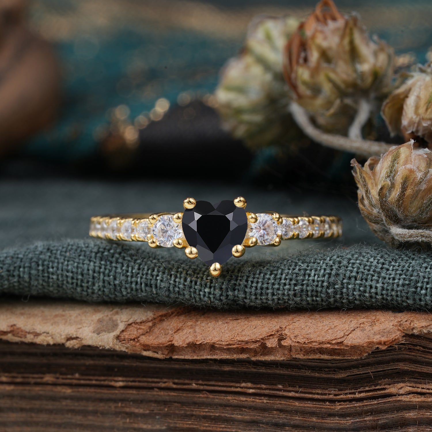 3 Prong Heart Shaped Black Onyx Unique Side Stone Engagement Ring