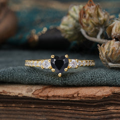 3 Prong Heart Shaped Black Onyx Promise Ring Unique Three Stone Engagement Ring