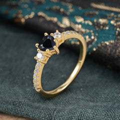3 Prong Heart Shaped Black Onyx Promise Ring Unique Three Stone Engagement Ring