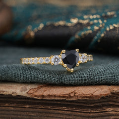 3 Prong Heart Shaped Black Onyx Promise Ring Unique Three Stone Engagement Ring