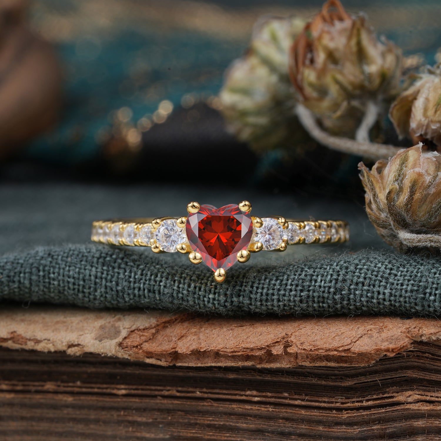 3 Prong Heart Shaped Garnet Classic Side Stone Engagement Ring