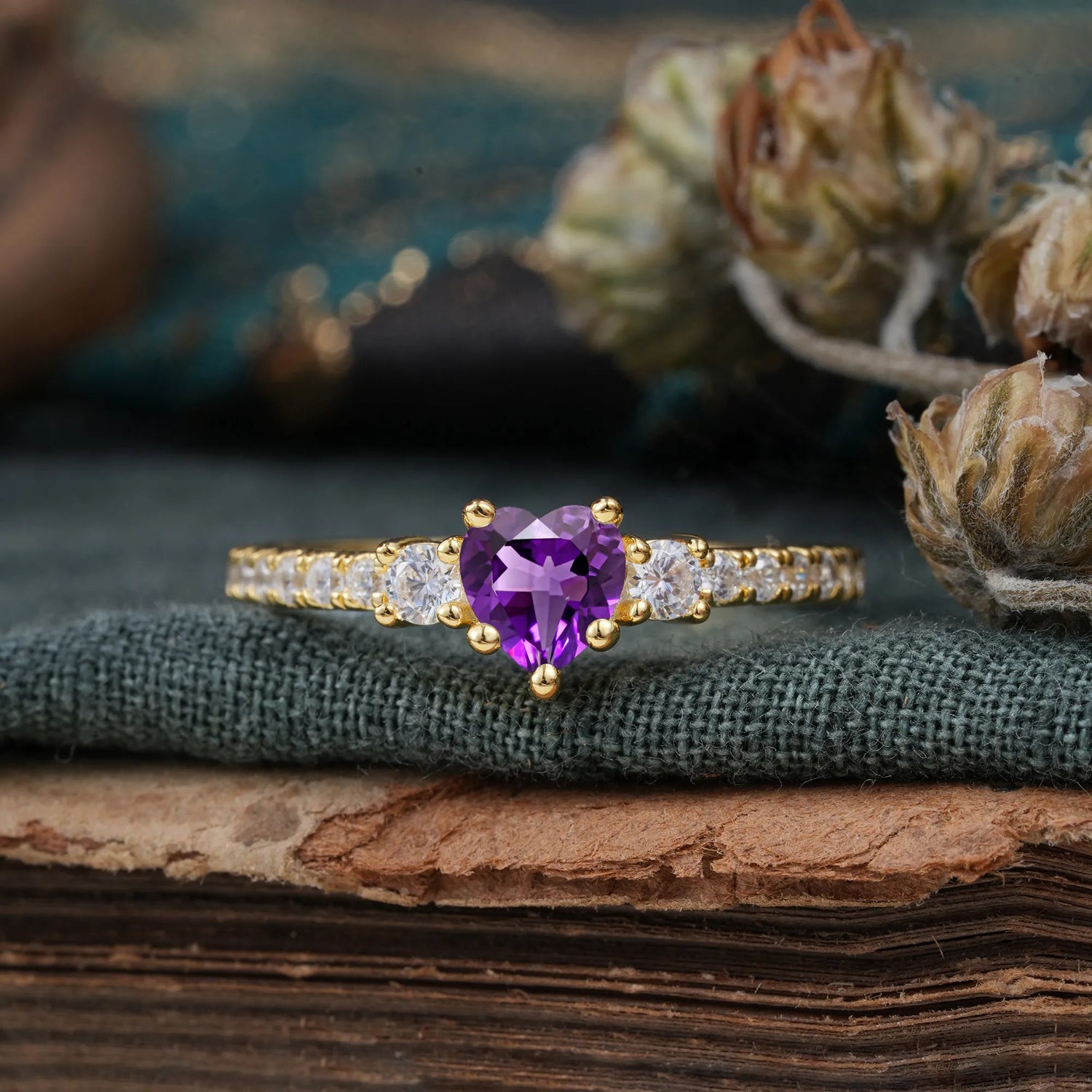 3 Prong Heart Shaped Amethyst Unique Side Stone Engagement Ring