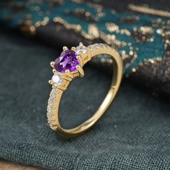 3 Prong Heart Shaped Amethyst Promise Ring Unique Three Stone Engagement Ring