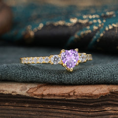 3 Prong Heart Shaped Amethyst Promise Ring Unique Three Stone Engagement Ring