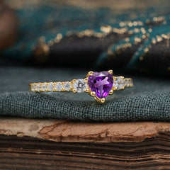 3 Prong Heart Shaped Amethyst Promise Ring Unique Three Stone Engagement Ring