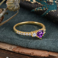 3 Prong Heart Shaped Amethyst Promise Ring Unique Three Stone Engagement Ring