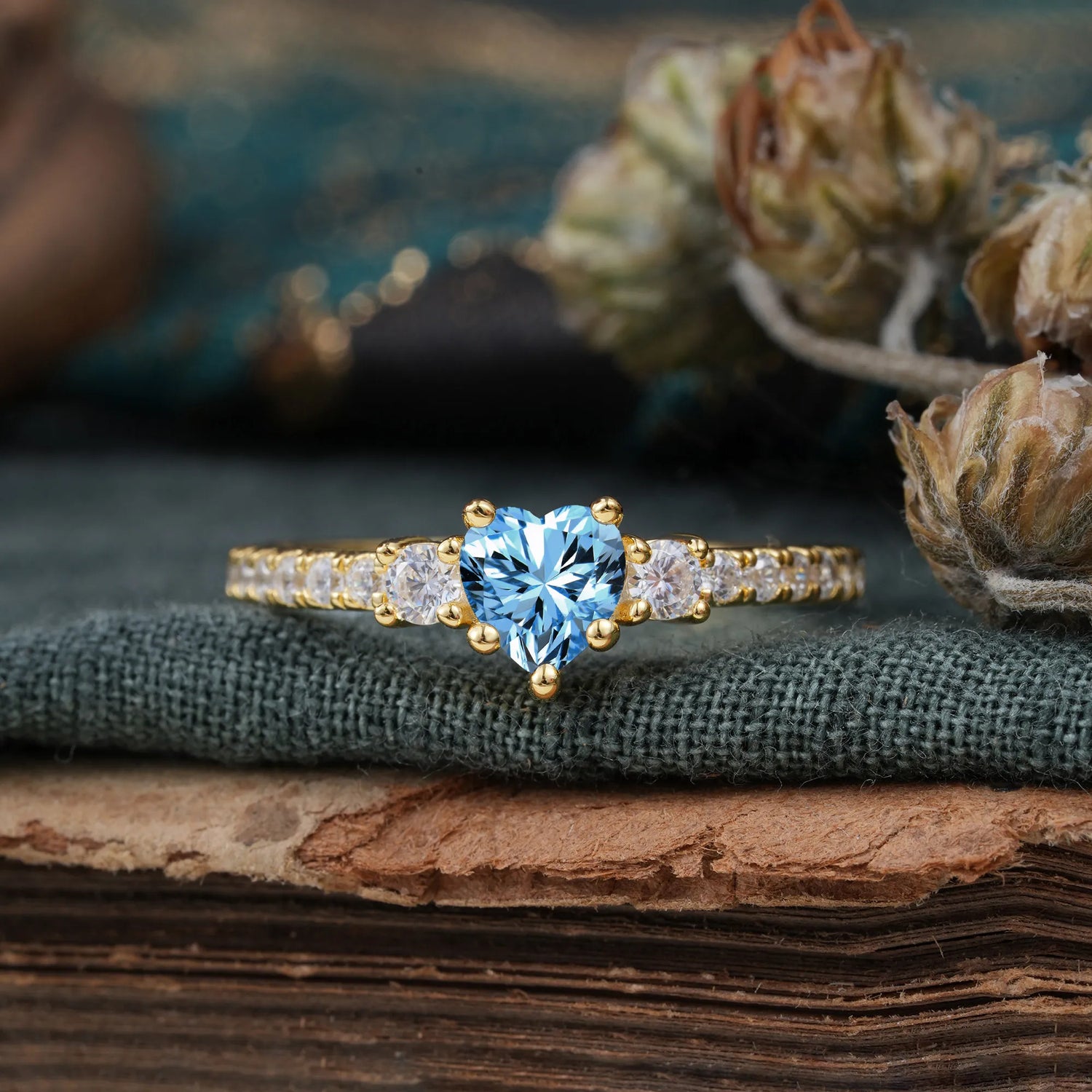 3 Prong Heart Shaped Aquamarine Classic Side Stone Engagement Ring