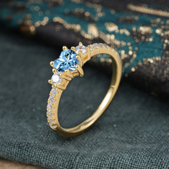 3 Prong Heart Shaped Aquamarine Promise Ring Unique Three Stone Engagement Ring