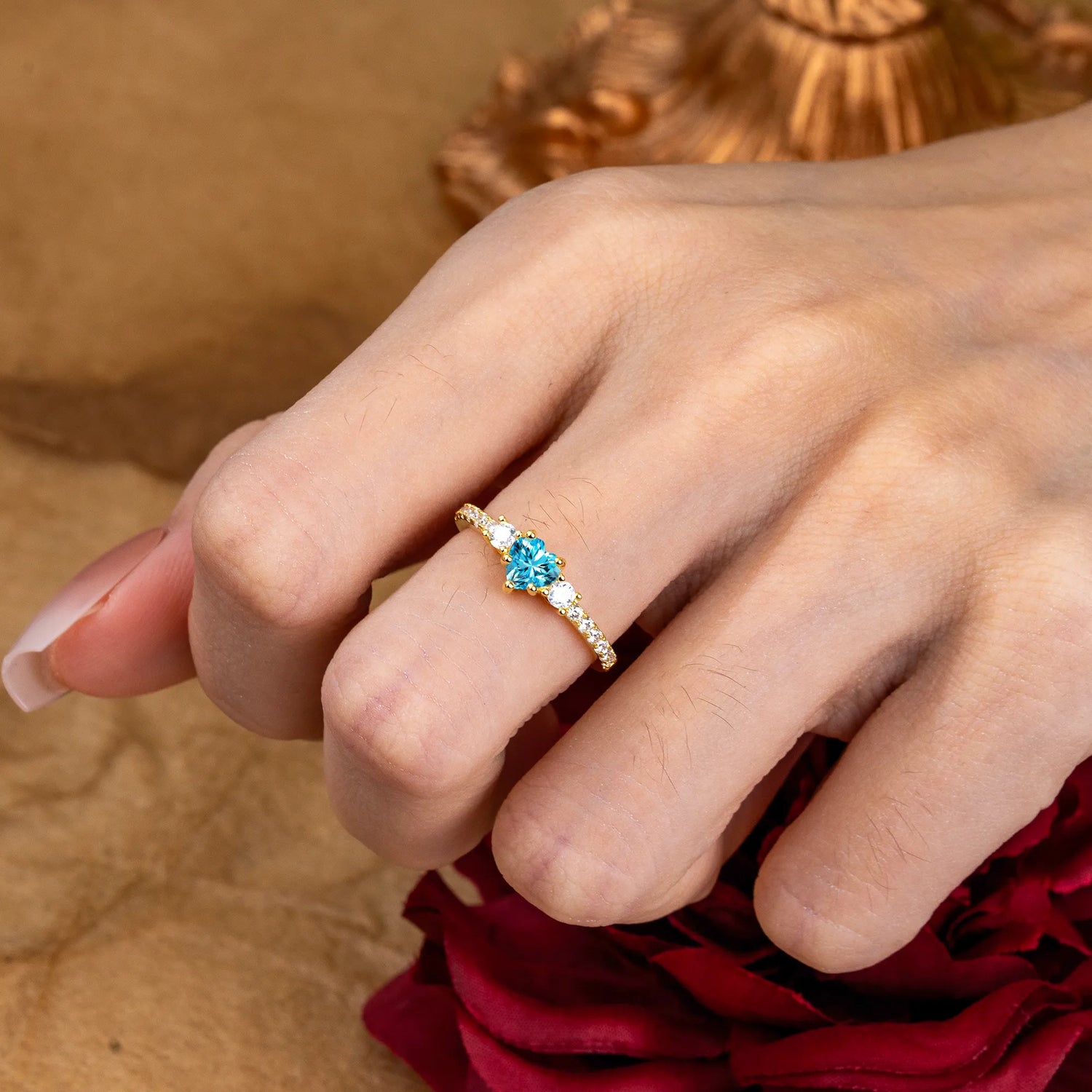 3 Prong Heart Shaped Aquamarine Classic Side Stone Engagement Ring