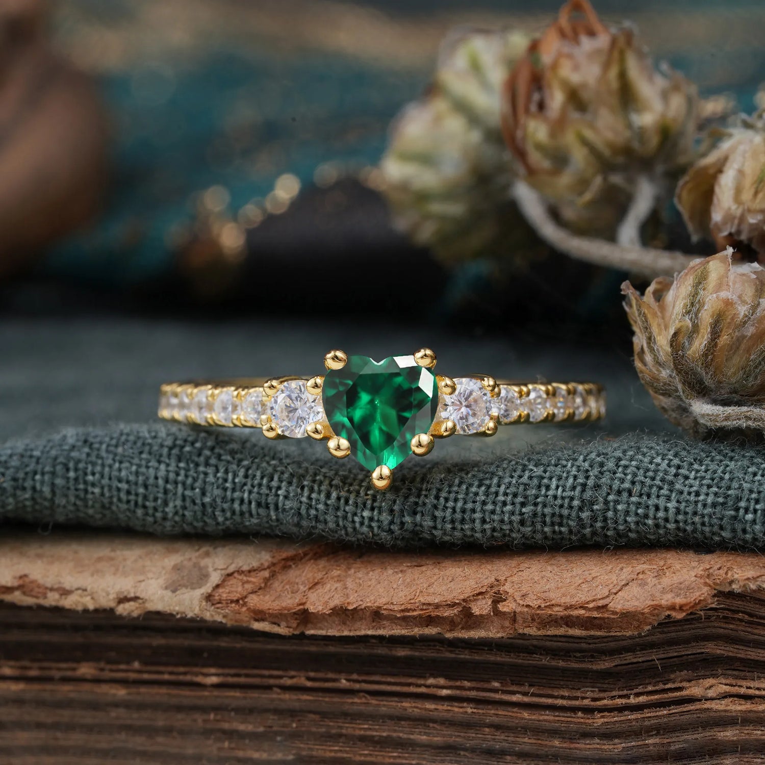 3 Prong Heart Shaped Emerald Classic Side Stone Engagement Ring