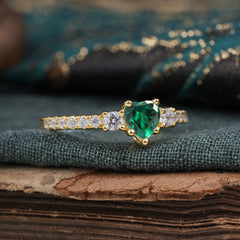 3 Prong Heart Shaped Emerald Promise Ring Unique Three Stone Engagement Ring