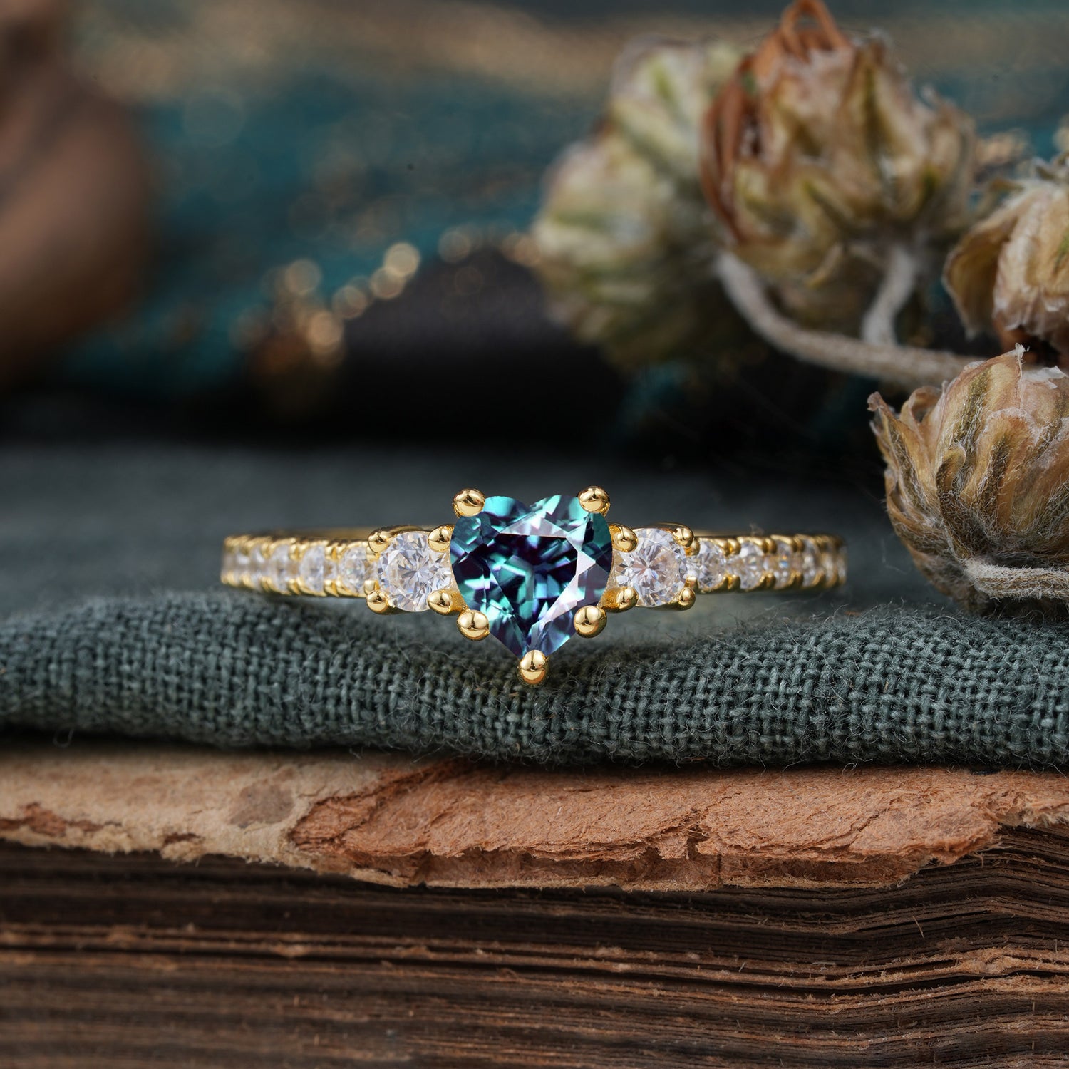3 Prong Heart Shaped Alexandrite Classic Side Stone Engagement Ring