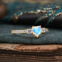 3 Prong Heart Shaped Moonstone Promise Ring Unique Three Stone Engagement Ring