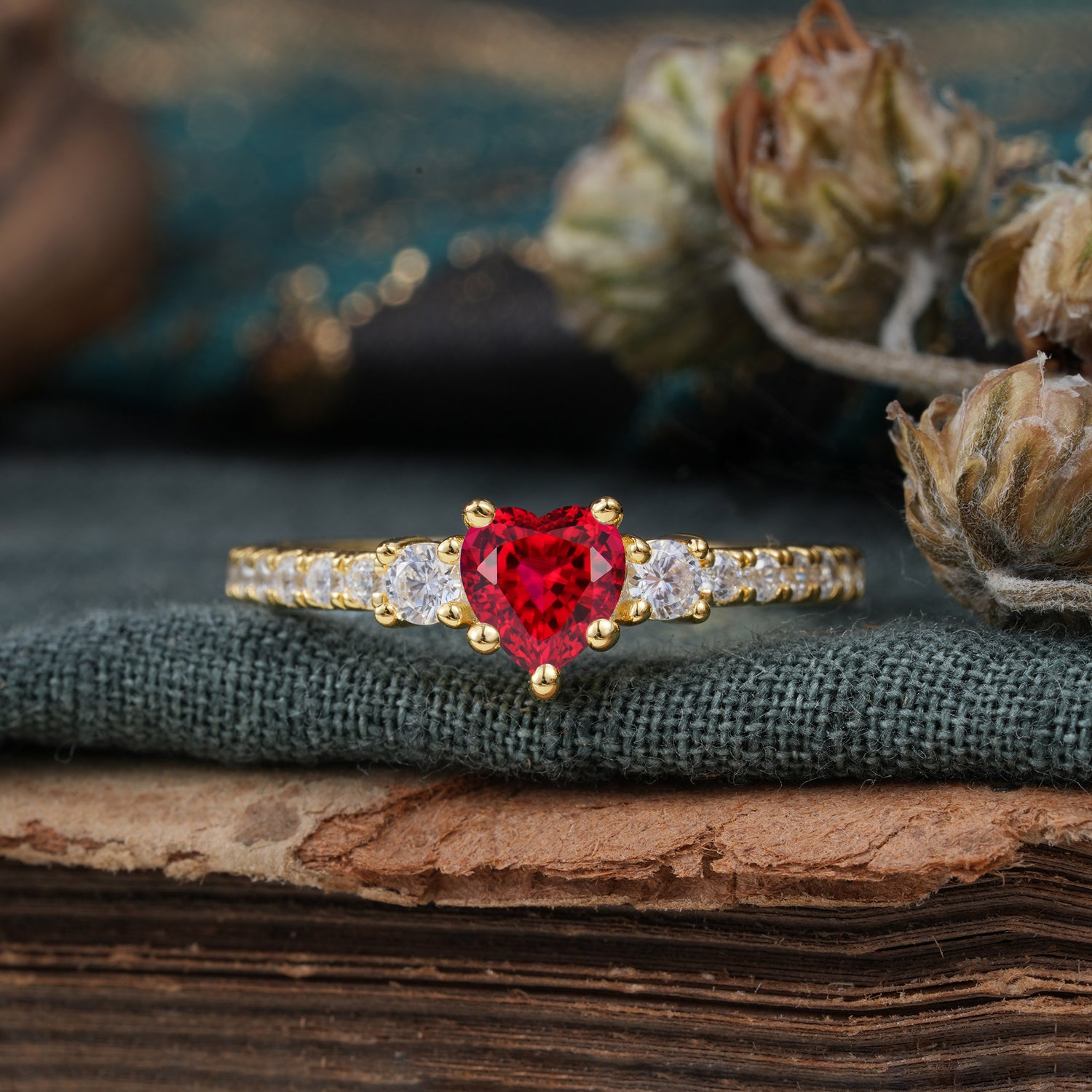 3 Prong Heart Shaped Ruby Classic Side Stone Engagement Ring