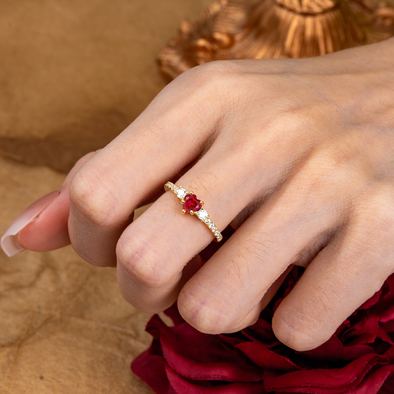 3 Prong Heart Shaped Ruby Classic Side Stone Engagement Ring