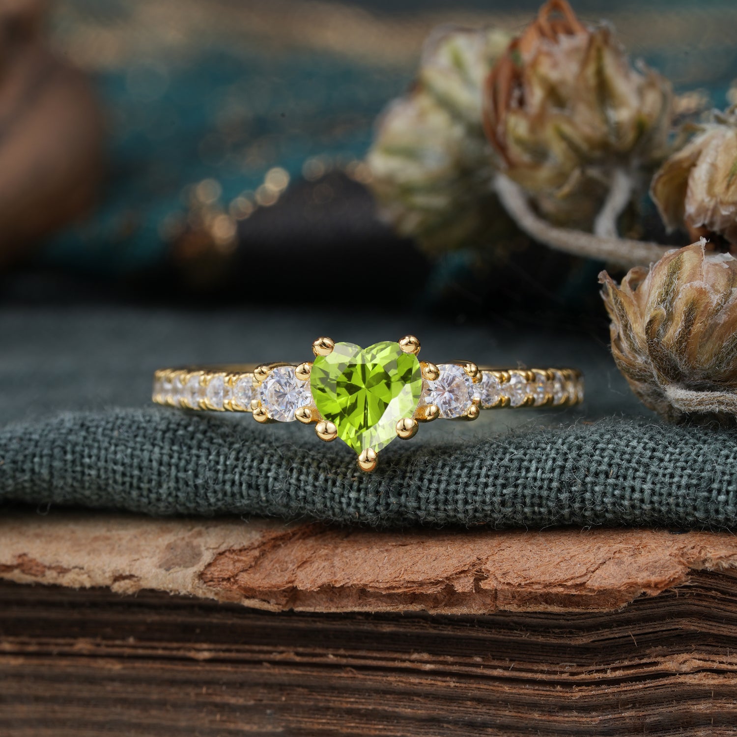 3 Prong Heart Shaped Peridot Unique Side Stone Engagement Ring