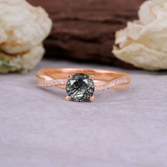 Classic Round Cut Black Rutilated Quartz Engagement Ring with Twisted Band