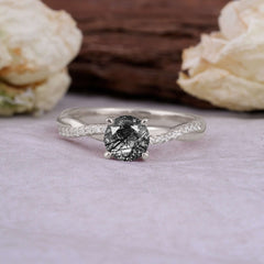 Classic Round Cut Black Rutilated Quartz Engagement Ring with Twisted Band