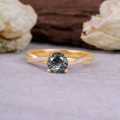 Classic Round Cut Black Rutilated Quartz Engagement Ring with Twisted Band