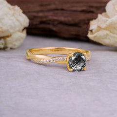 Classic Round Cut Black Rutilated Quartz Engagement Ring with Twisted Band
