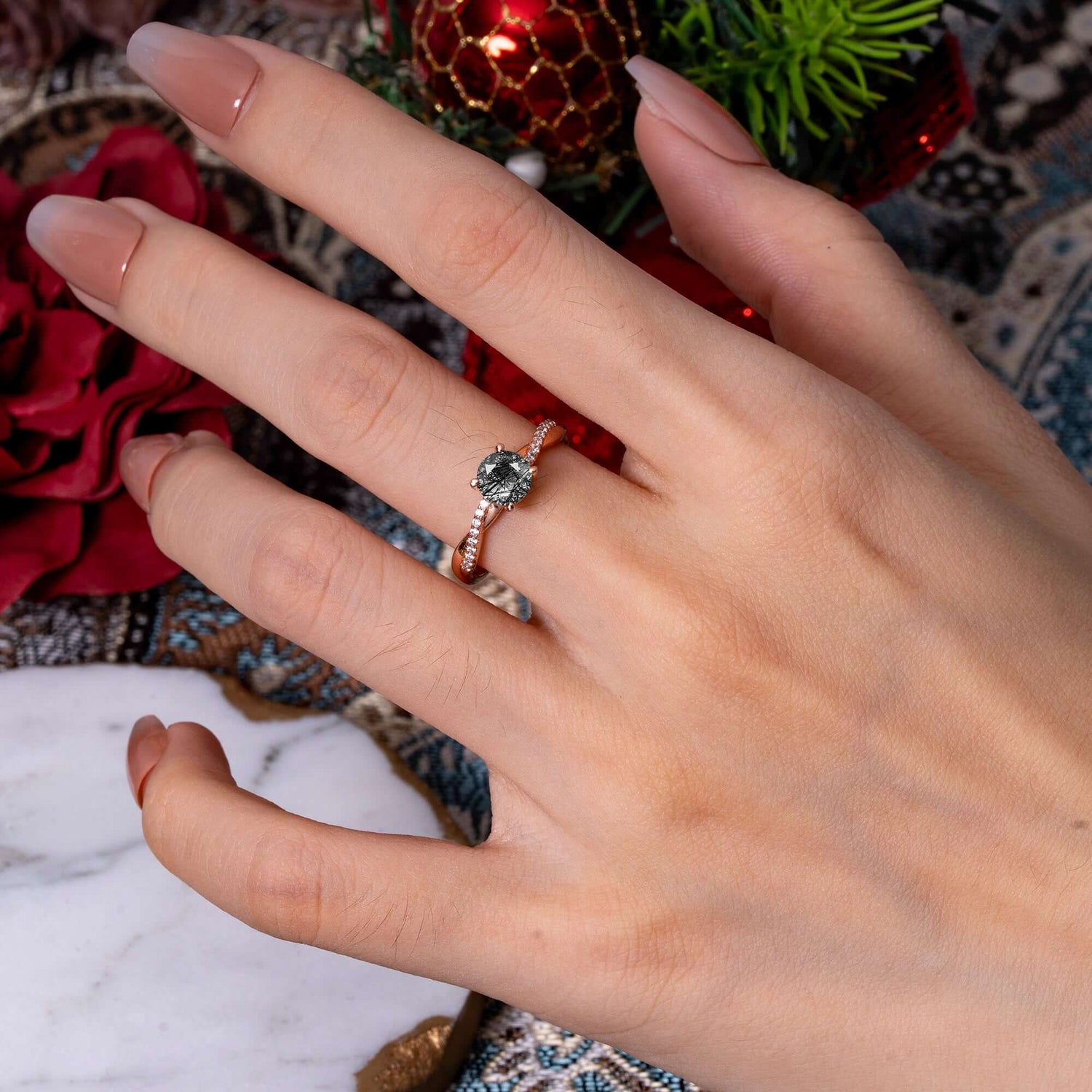 Classic Round Cut Black Rutilated Quartz Engagement Ring with Twisted Band