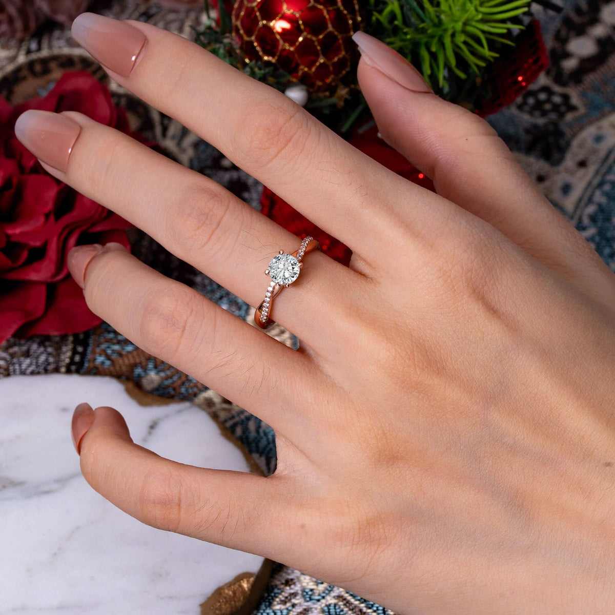 Classic Round Cut Lab Diamond Engagement Ring with Twisted Band displayed on a hand, showcasing its sparkle and design.