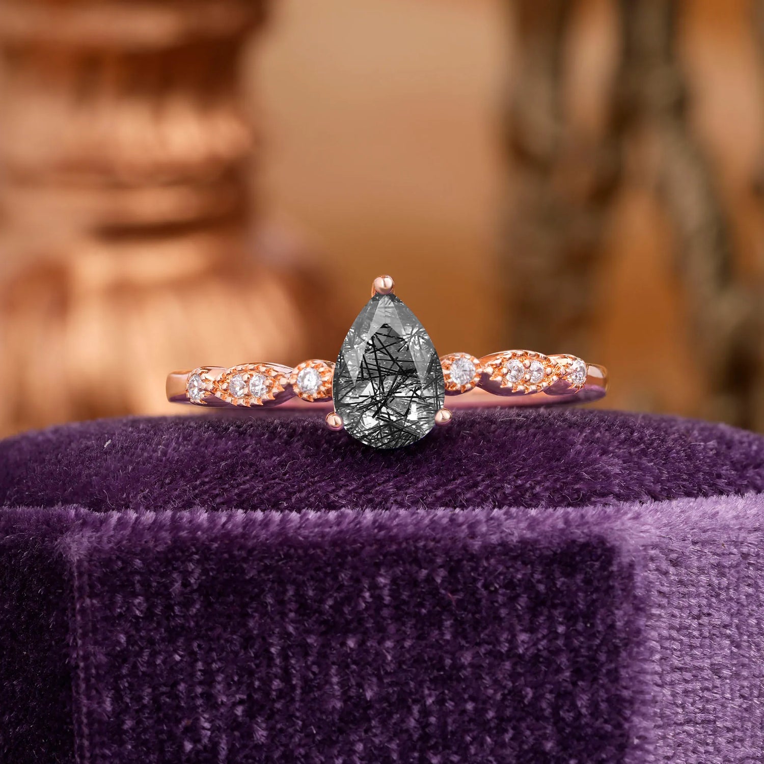 Pear Shaped Vintage Black Rutilated Quartz Engagement Ring Beaded Promise Ring