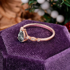 Pear Shaped Vintage Black Rutilated Quartz Engagement Ring Beaded Promise Ring