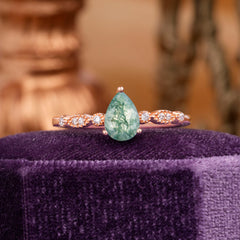 Pear Shaped Vintage Moss Agate Engagement Ring Beaded Promise Ring