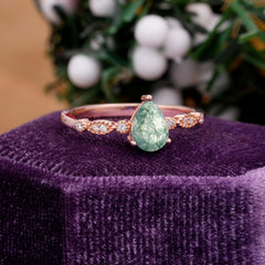 Pear Shaped Vintage Moss Agate Engagement Ring Beaded Promise Ring