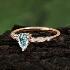 Pear Shaped Vintage Lad Moss Agate Engagement Ring Beaded Promise Ring