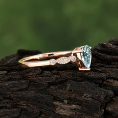 Pear Shaped Vintage Lad Moss Agate Engagement Ring Beaded Promise Ring