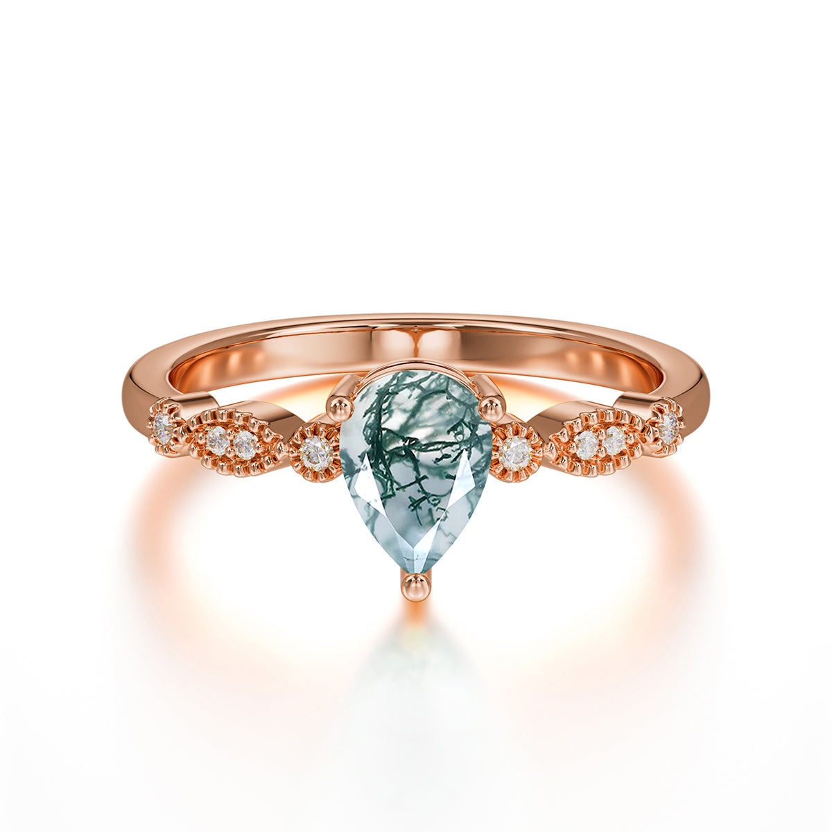 Pear Shaped Vintage Lad Moss Agate Engagement Ring Beaded Promise Ring