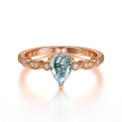 Pear Shaped Vintage Lad Moss Agate Engagement Ring Beaded Promise Ring