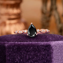 Pear Shaped Vintage Black Onyx Engagement Ring Beaded Promise Ring