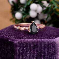 Pear Shaped Vintage Black Onyx Engagement Ring Beaded Promise Ring