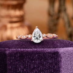 Pear Shaped Vintage Lab Diamond Engagement Ring Beaded Promise Ring